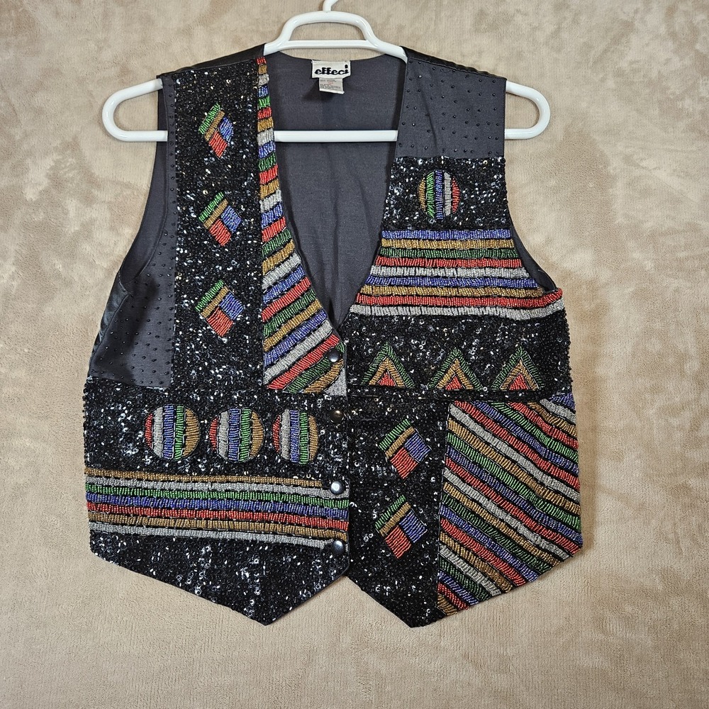 Effeci Vintage Beaded Sequin Vest Multicolored Geometric Black Cotton Large